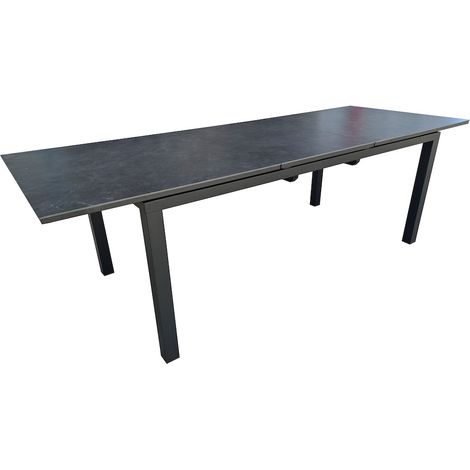 Table extensible MELODIE – Aluminium époxy graphite – Plateau céramique 6 mm – Dimensions 180/240 x 90 cm – Capacité 6 à 8 personnes – Proloisirs