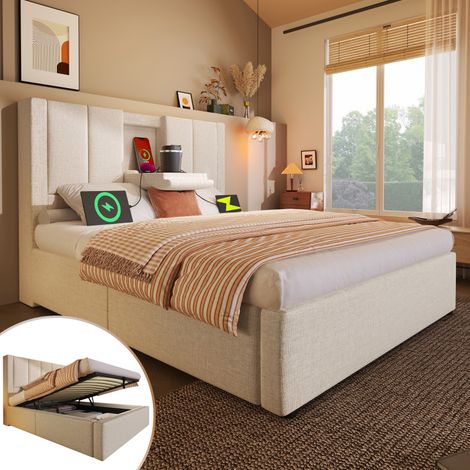 Lit simple 90x200 – Porte-gobelet + recharge cachés – Hydraulique – Sommier lattes – Lin beige – Sans matelas (1/5)