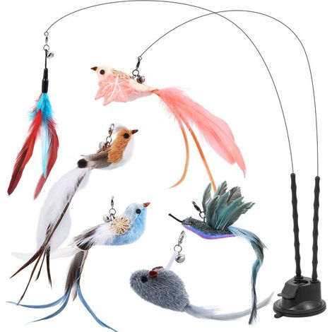 Jouet Chat Automatique, Bâton de jeu avec Ventouse Double, 6 pièces de rechange en plumes, jouet baguette pour chat simulant (1/5)
