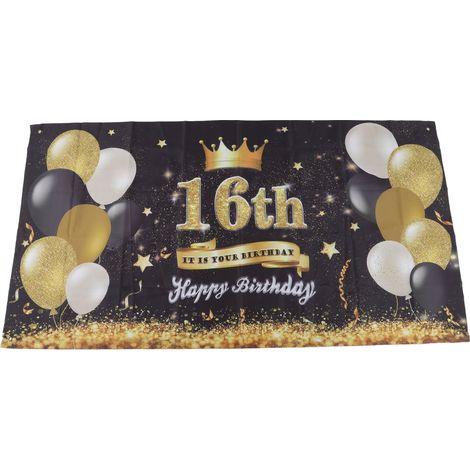 Bannière Anniversaire 16 Ans Noir et Or - Décoration Murale Lavable avec Ballons et Feux d'Artifice pour Chambre ou Jardin