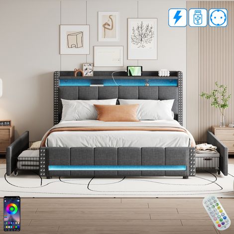 Letto 140x200 cm, 2 posti, con 4 cassetti, LED, porta USB, prese, testiera con bottoni, rete a doghe in legno, telaio in metallo, letto matrimoniale trapuntato in lino - Grigio (1/5)
