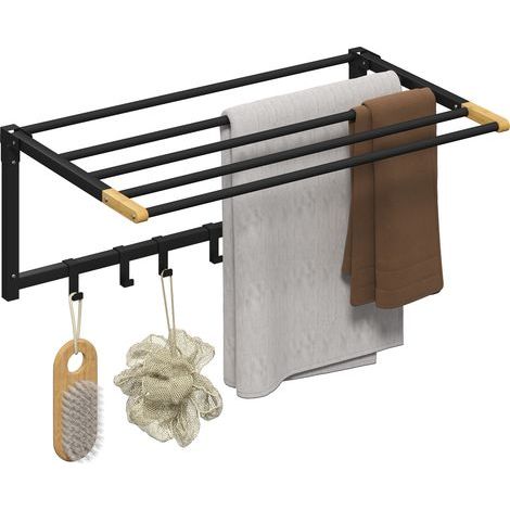 Toallero de pared plegable para baño, 60 cm, negro, con 5 barras y 6 ganchos. (1/5)