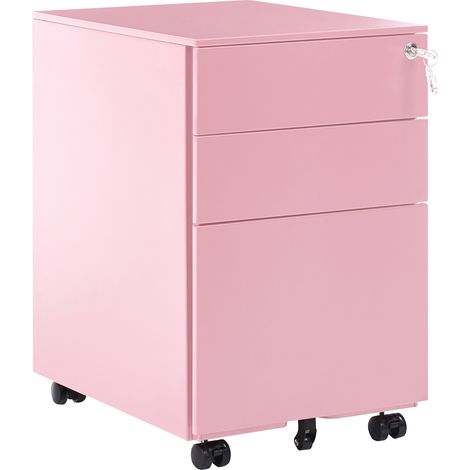 Armario de metal rosa 3 cajones ruedas cerradura industrial oficina Cami