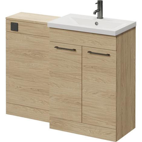 Napoli 390 Light Oak 1100mm 2 Door Vanity Unit Toilet Suite with Glide Basin - 1100mm - Gunmetal Grey 160mm HandleWithout Kingston Toilet Pan