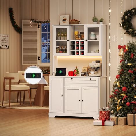 Buffet de Cuisine - 180x105x40cm - Armoire Vaisselier avec Prise Intégrée LED RGB Étagère à Épices et Porte en Verre - Blanc (1/5)
