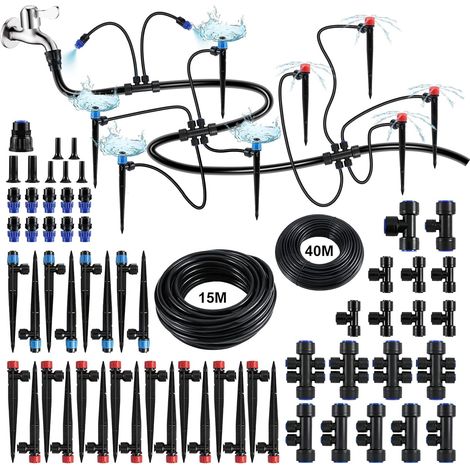 Kit d‘Arrosage Goutte-à-Goutte avec Tuyau Principal de 15m (1/2”) et Tuyau de Distribution de 40m (1/4”), 15 Goutteurs Auto-Régulants, Système d’Irrigation pour Jardin, Parterre, Pelouse, Bac Surélevé (1/5)