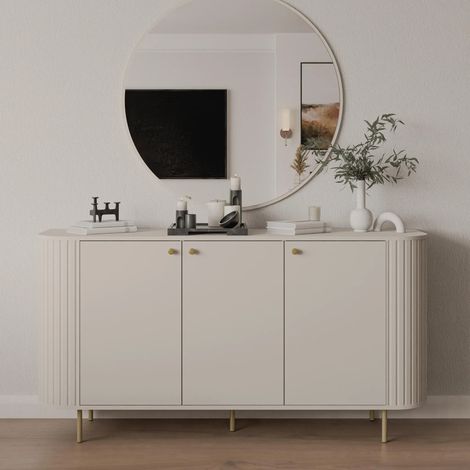AX LIVING Kommode Halay Beige, 3 Türen Moderne Rillenstruktur 164,6 cm mit, runden Kanten