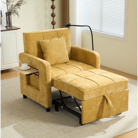 Sillón cama 2 en 1 de chenilla amarillo mostaza 167 x 79 x 83 cm con respaldo ajustable y cojín (1/5)