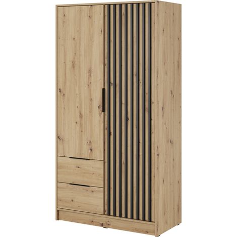 Kleiderschrank 100 cm Fioro - Schrank vom Hersteller, Schlafzimmerschrank - Drehtürenschrank mit Lamellen, 2 Tür (Artisan Eiche) (1/4)