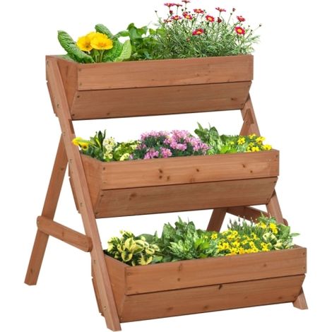 3-Tier Wooden Planter Box Kit for Flowers, Vegetables, and Herbs, 66L Capacity, 65x75x78cm, Rustic Brown Finish