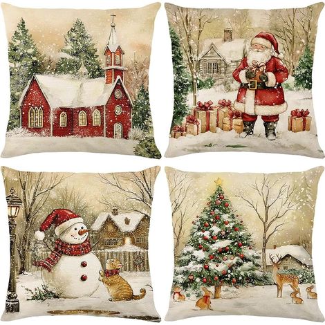 4er Set Kissenbezüge Weihnachten Retro, 40 x 40 cm Kissenbezug Weihnachten Dekokissen Leinen Kissenhüllen, Weihnachtsmann Schneemann Elch Weihnachtskissenbezug Deko Sofa Schlafzimmer Couch (1/5)
