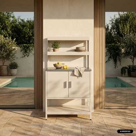 Cuisine d'extérieure en acier beige avec 2 étagères suspendues et 2 portes L80cm
