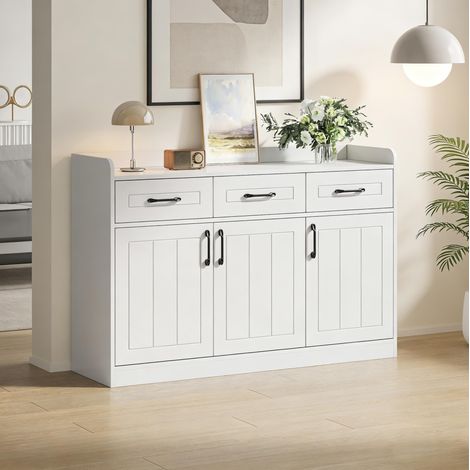 Credenza contenitore 120 x 35 x 80 cm con 3 cassetti e 3 ante, ripiani regolabili, bianco DESVIAE (1/5)