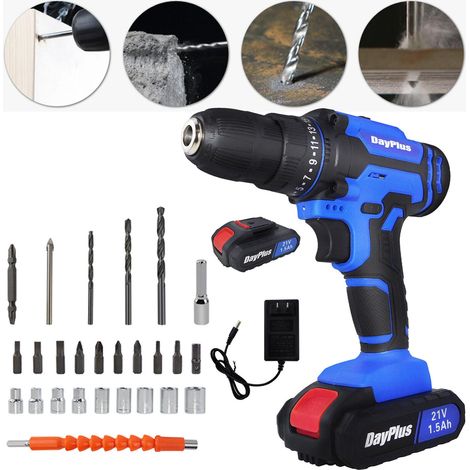 21V Cordless Lithium-ion Drill Electric Driver Electric Wall Drill Home Tool Set DIY Home Drill, 2x Lithium-Ion Batteries, 3/8'' Chuck, 25+1 Torque, LED Light, 2 Speed (1/5)