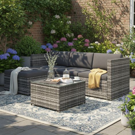 Salon de Jardin 4 Places en Métal,Rotin PE et Tissu Imperméable avec Table, Canapé, Tabouret et Coussins Épais, Gris