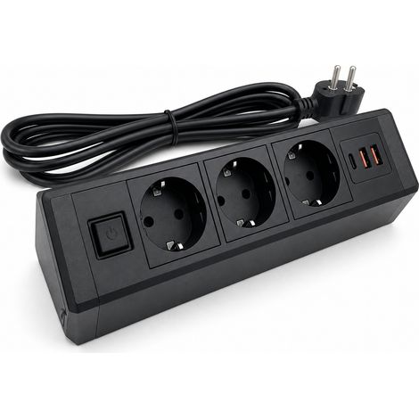 Einbausteckdosenleiste Schreibtisch 3 Steckdosen USB C Schwarz 1,8 m
