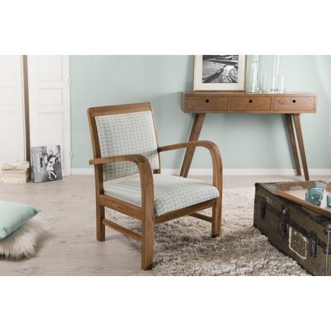 DAK - Fauteuil bois teck scandi tissu bleu clair 'pétales' (1/5)