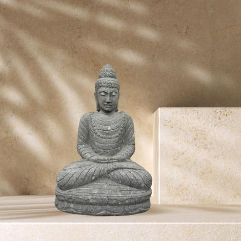 Estatua jardín exterior buda sentado piedra volcánica collar 80 cm (1/4)