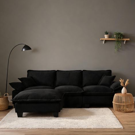 Canapé d'angle en chenille matte noir avec ottomane (1/5)