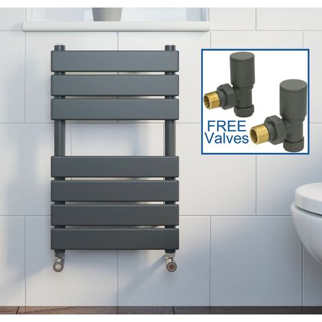 Anthracite Flat Panel Heated Towel Rail Grey Bathroom Radiator 650 x 400mm & Angled Valve