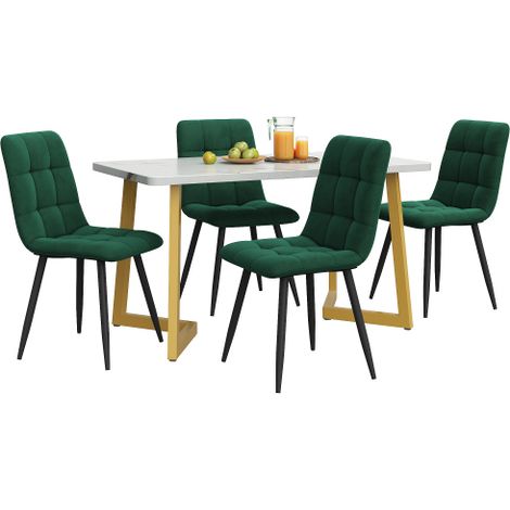 Table rectangulaire 117cm, pieds dorés, 4 chaises velours vert foncé