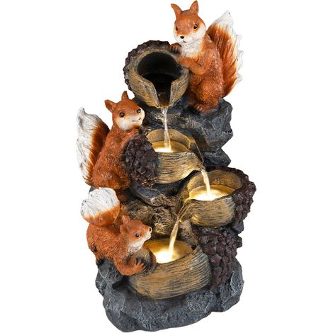 COSTWAY Fontaine de Jardin 4 Niveaux, Cascade avec Éclairage LED, Fontaine Décorative Zen Imitation Pierre avec Décoration Écureuils pour Patio Balcon Cour Intérieur, 34 x 25 x 59 cm (1/5)