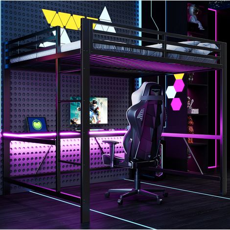 Hochbett 160x200 cm schwarz aus Metall und MDF mit Schreibtisch, LED-Beleuchtung und Schutzgitter (1/5)