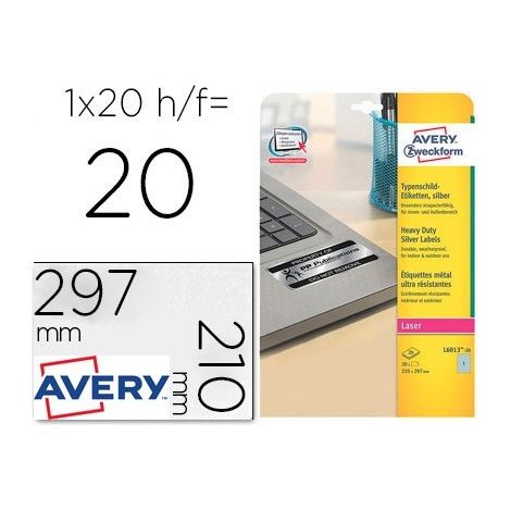 Etiqueta adhesiva avery poliester plata 210x297 mm para impresora laser pack de 20 unidades