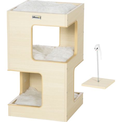 Cage à chat en forme de tonneau, 2 niveaux, jouets inclus, 34 cm x 34 cm x 60 cm, naturel et gris clair (1/5)