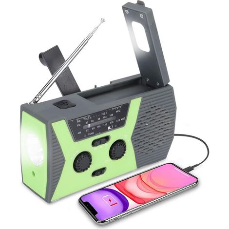 Radio de emergencia，Radios de emergencia，Radio de emergencia portátil，Recargable por USB，lámpara de lectura，viajes y emergencias (verde) (1/2)