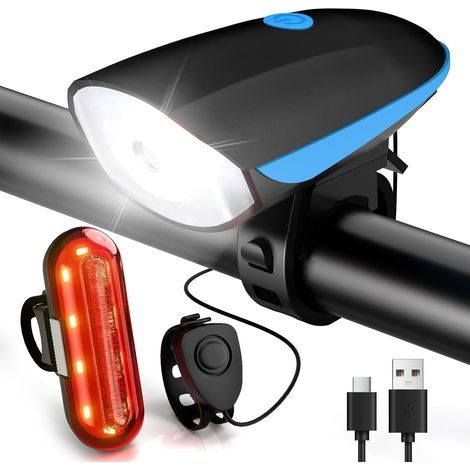 Luces delanteras y traseras para bicicleta, recargables por USB, potentes luces LED para bicicleta con zumbador, resistentes al agua IP65, accesorios para bicicletas de montaña, bicicletas híbridas, e (1/5)