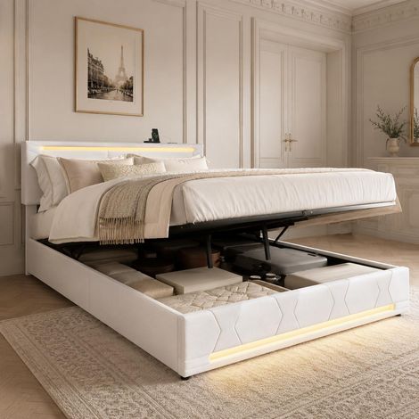 Lit coffre 140x190 cm, Lit double hydraulique avec LED RGB et ports USB/Type-C, Cadre de lit rembourré en lin moderne, tête de lit réglable, Beige (1/5)
