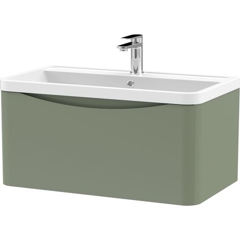 Nuie Lunar Satin Green 800mm Wall Hung Single Drawer Vanity Unit and Polymarble Basin - LUN806 (1/3)