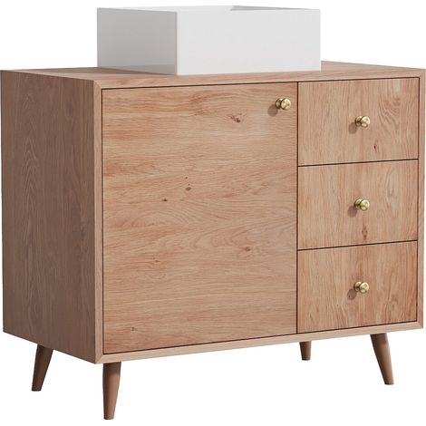 Mobile da bagno in rovere massello con lavabo da appoggio quadrato Naturale chiaro 93 cm - ZARENO