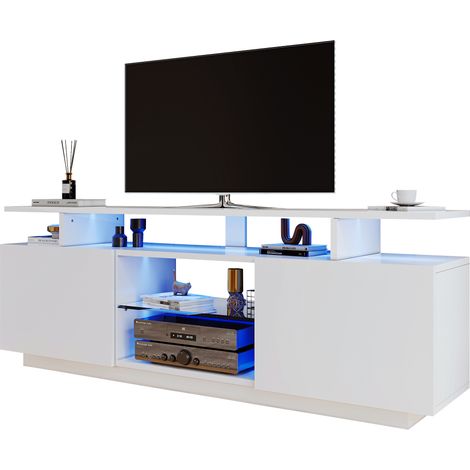 Meuble TV blanc 1,4 m avec éclairage LED 16 couleurs, portes laquées brillantes et compartiments en verre – adapté aux téléviseurs jusqu’à 60 pouces (1/5)