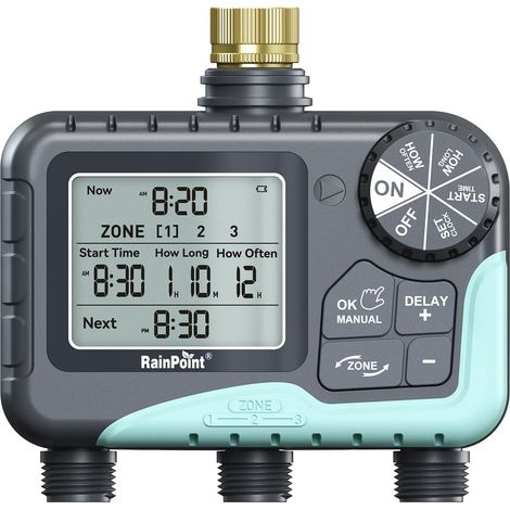 Programmateur Arrosage 3 Sorties, entrée en Laiton, Programmateur d'arrosage Automatique avec Retard De Pluie/Arrosage Manuel/Grand écran LCD, Minuterie D'arrosage pour Jardin, Pelouse,3 Zone Brass (1/5)