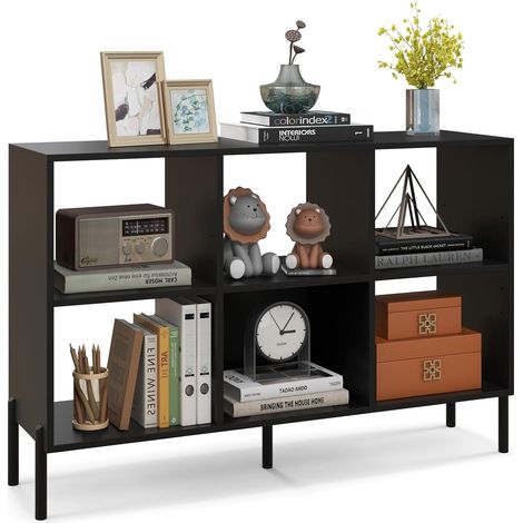COSTWAY Scaffale a 6 Cubi, Libreria Aperta in Legno con Gambe Metalliche, Ripiani Regolabili in 5 Posizioni, Dispositivo Antiribaltamento, Scaffale per Casa e Ufficio, 120 x 35 x 79,5 cm (Nero) (1/5)