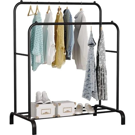 Portant a Vetement, Double, 110X150X54 cm, pour Chambre, Robuste, en Métal, avec Support pour Support à Chaussures, des Cintres Chemises, des Pantalons, des Vestes Fines (Noir) (1/4)