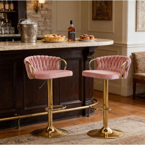 REDOM - Lot de 2 tabourets de bar - pivotants et réglables en hauteur - dossier avec accoudoirs - repose pieds - métal et velours rose (1/5)
