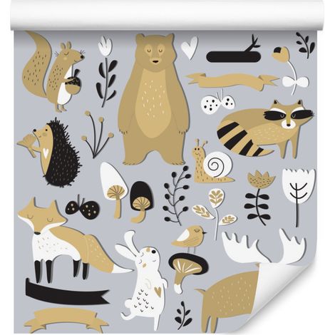 Carta da parati con animali del bosco e amici per soggiorno e camera da letto, 50x1000 cm (1/5)