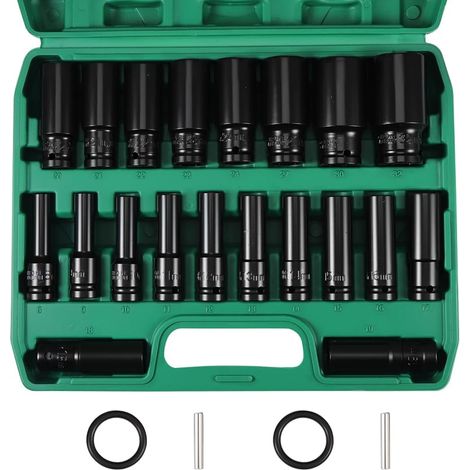 Satz mit 20 langen metrischen Sechskant-Schlagschraubnüssen von 8 mm bis 32 mm, aus CR-V-Stahl für professionelle Reparaturen an Pkw, Lkw, Traktoren und im Haushalt. (1/5)
