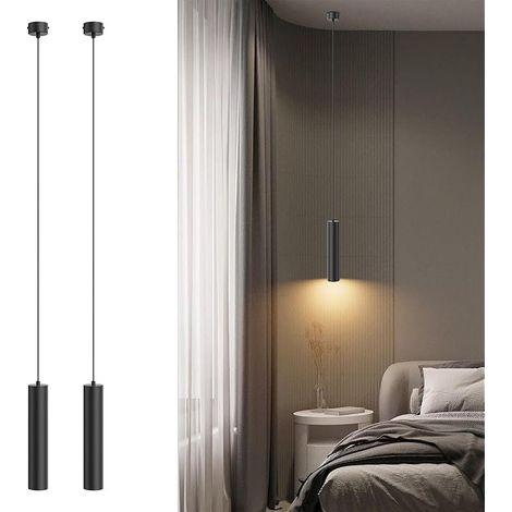 2 Pcs Suspension Luminaire Cylindre GU10, Lampe Suspension LED Moderne avec Ampoule 5W 472 LM, pour Salon Chambre Cuisine Chevet, Blanc Chaud 3000K, 30cm, Noir (1/5)
