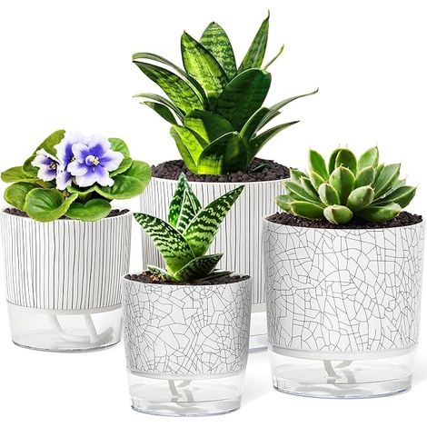 4 Pieces Automatic Watering Pots, 11 cm + 14 cm Marble Plastic Flower Pot with Drainage Hole and Large Tank – Pots for Bonsai Aloe Herbs Orchids Succulent Plants (1/5)