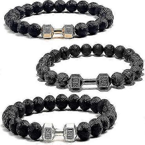 Bracelet haltère Traintough 3 pièces, bracelet de perles de haute qualité pour homme, bracelet haltère en pierre de lave volcanique, cadeau idéal pour homme - Ri (1/5)