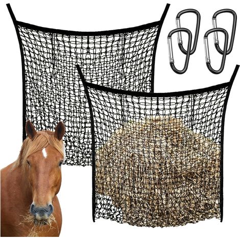 2-teiliges Heunetz für Pferde, 90 x 80 cm großes Heunetz für die Landwirtschaft mit 4 Karabinerhaken, schwarzes engmaschiges Heunetz für Pferde, Rinder und Schafe