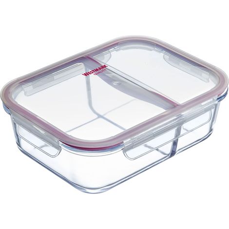 Boîte de conservation en verre avec 2 compartiments séparés Passe au micro-ondes et au four, verre/silicone/plastique Transparent/rouge 570 ml (1/5)