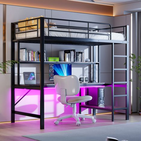 MEUBLIV Cama alta 90x200 cm negra – escritorio, LED y USB, sin colchón (1/5)