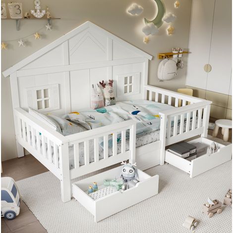 Letto singolo in legno bianco 90x200 cm con 2 cassetti, casetta e rete a doghe (1/5)