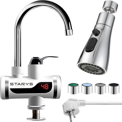 Robinet d'eau chaude électrique instantané, affichage numérique, puissance de 3000 W, tête flexible à 360° avec 3 modes de jet + 4 embouts inclus, aérateur inclus (1/5)