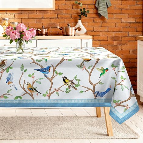 Tischdecke Rechteckig 140x180 cm mit Vogelmotiv, Blau, Polyester, Pflegeleicht